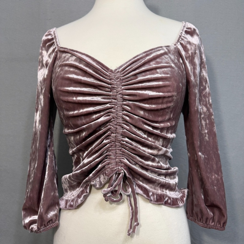 BCX Ruched Drawstring Velvet Top Womens Size S Mauve Pink Y2K Romantic Coquette